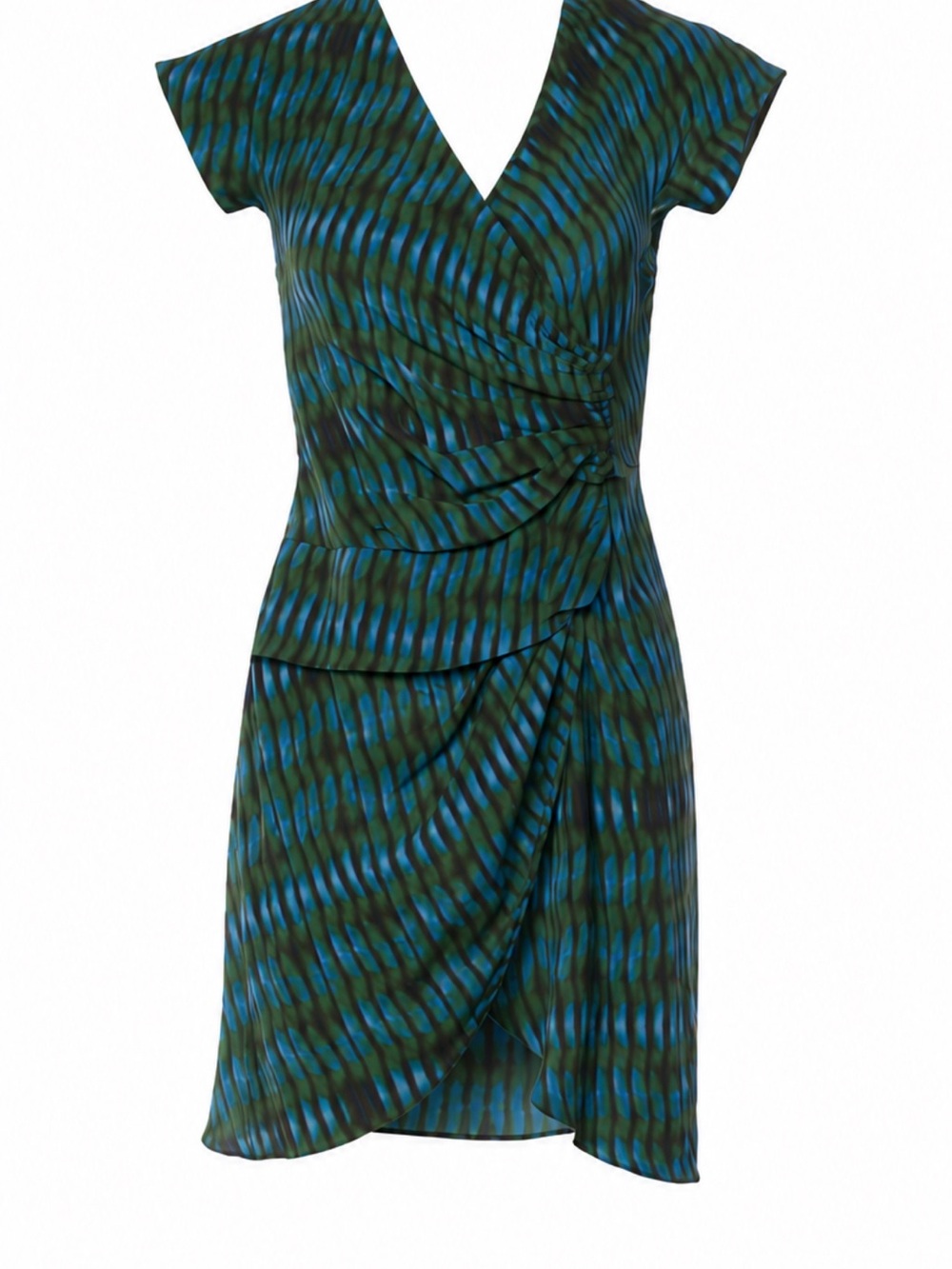 Derek Lam Made In Italy Blue & Green Print 100% Seta Silk Dress Faux Wrap XS